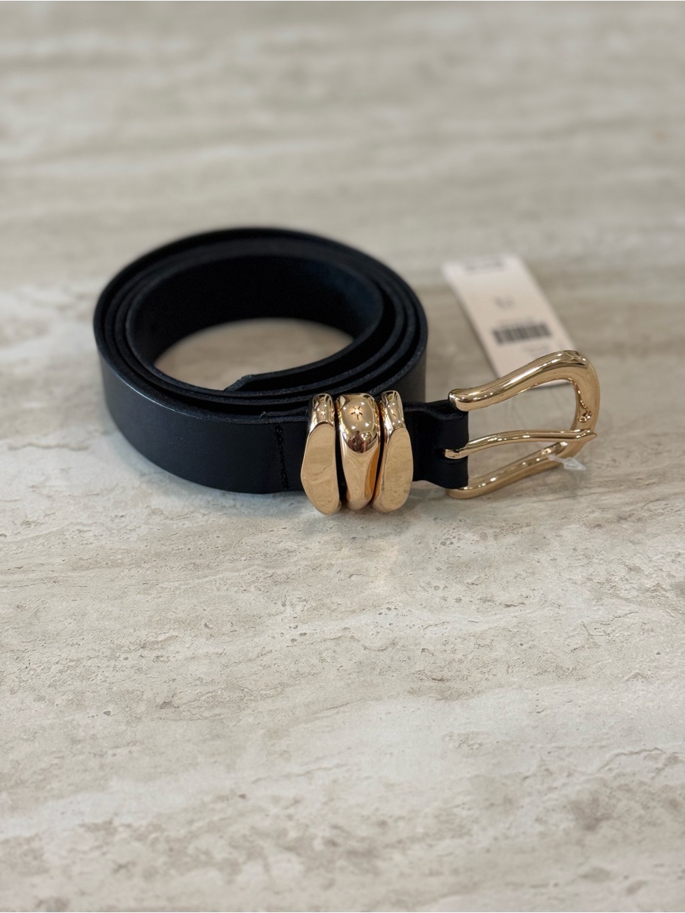 NWT Anthropologie Black Leather Belt Chunky Gold Statement Buckle Triple Keeper